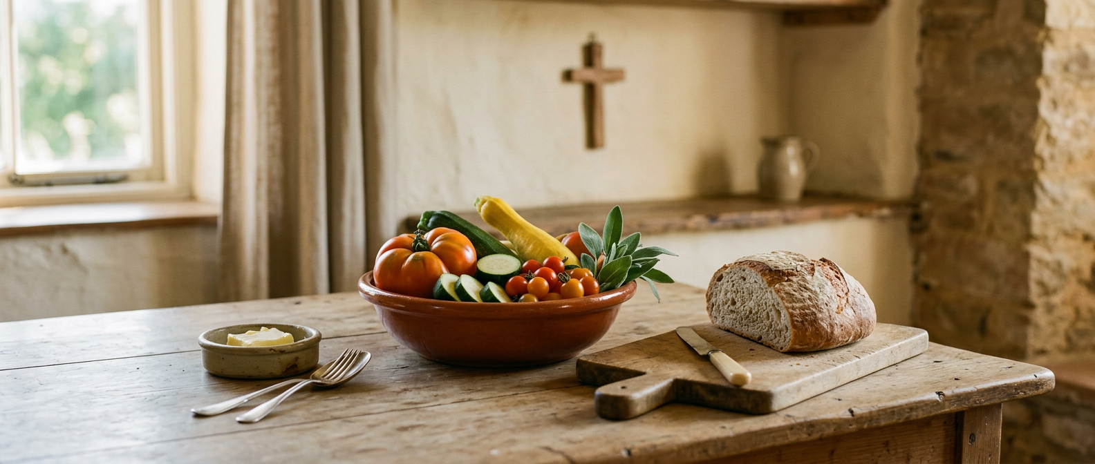 A simple ceramic bowl of summer vegetables and bread on a wooden table in warm late-afternoon light, evoking a meal shared with the poor, with a small cross visible in the soft background.