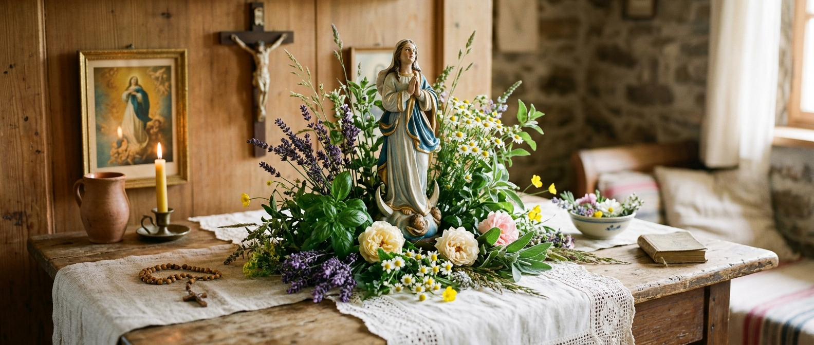 A family home altar with a statue of Mary surrounded by fresh summer flowers and herbs - lavender, basil, and chamomile - with a lit beeswax candle on a wooden table in warm August light.
